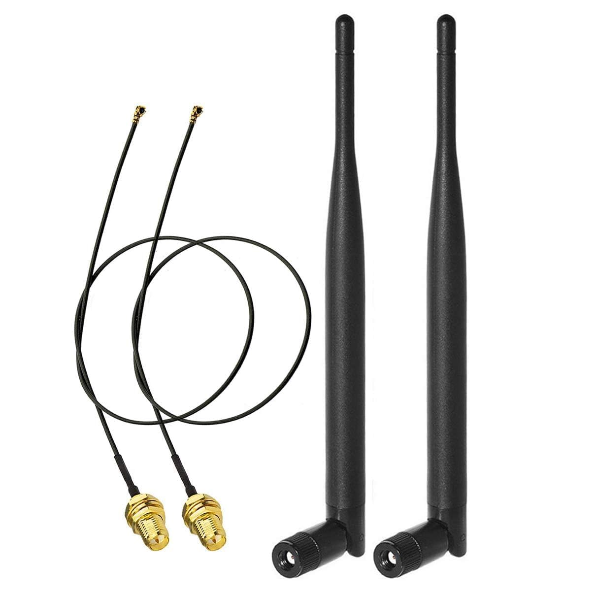Bingfu Dual Band WiFi 2.4GHz 5GHz 5.8GHz 6dBi RP-SMA Male Antenna & 20cm 8 inch Extension Cable 2-Pack for M.2 NGFF Intel Wireless Network Card WiFi