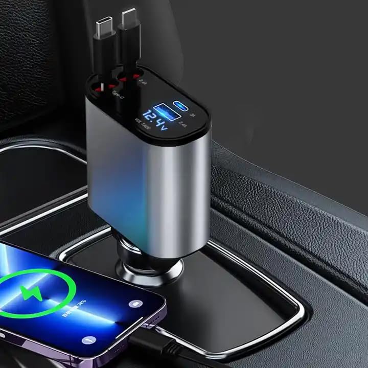 Retractable Phone Charger - Fast Car Charger USB C 4 in 1 for Apple and Android - Car Gadgets, Must Haves, PT-16