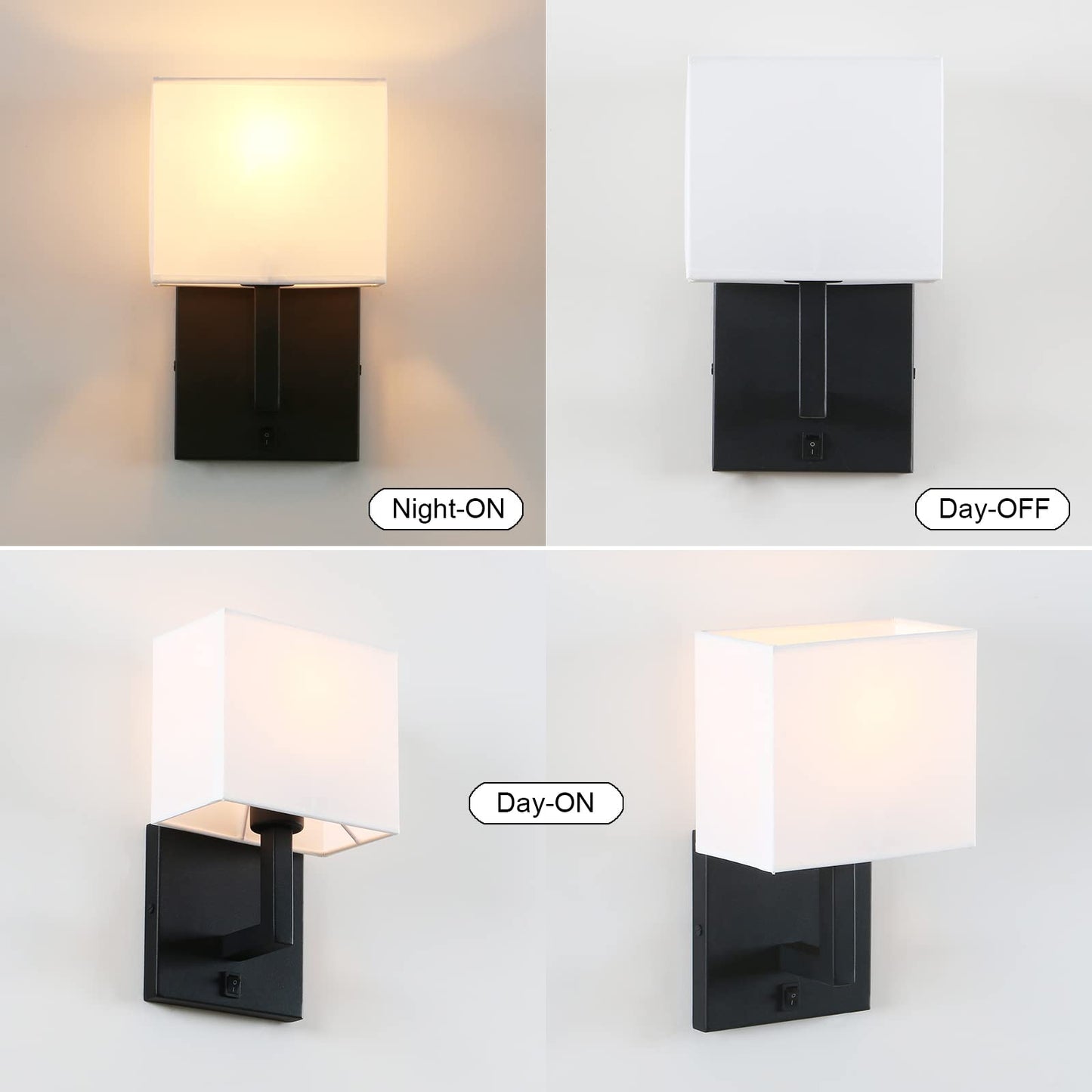 PERMO Single Wall Sconce Black Finish Light Fixture with White Textile Shades and On/Off Switch Button Small Modern Nightstand Lamps for Bedrooms