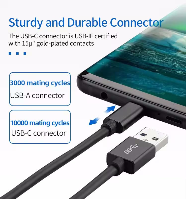 High-Speed 10Gbps USBC USB C to USB-A Data Transfer Charge Cable for Samsung T7 T9, SanDisk, Crucial X9 X6, Western Digital, SSD Drives, PC, Laptop