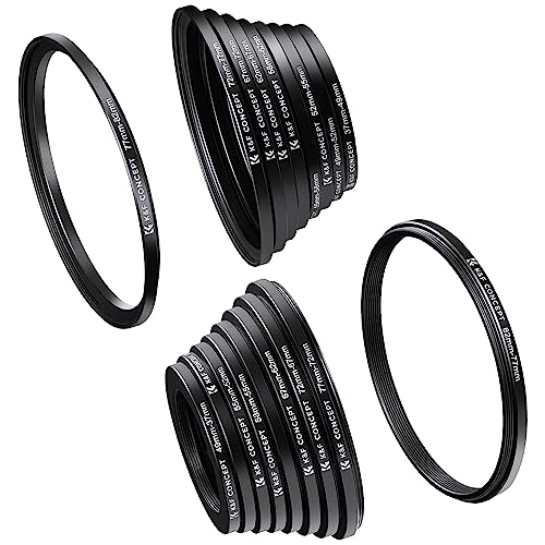 K&F CONCEPT 18 Pieces Filter Ring Adapter Set, Camera Lens Filter Metal Stepping Rings Kit (Includes 9pcs Step Up Ring Set + 9pcs Step Down Ring Set)