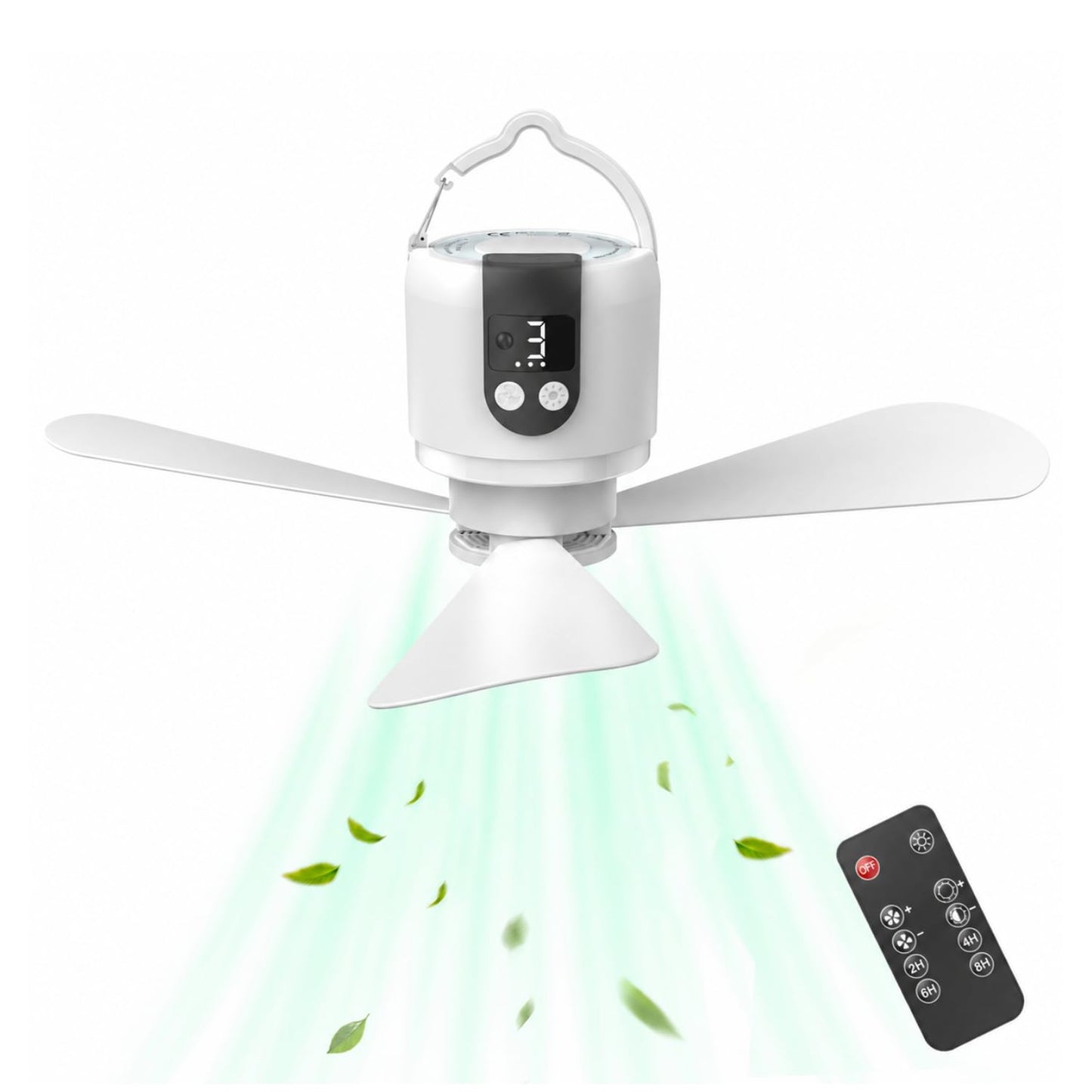 18" Camping Ceiling Fan with Light,15600mAh Battery,3-Speed Fan & Light