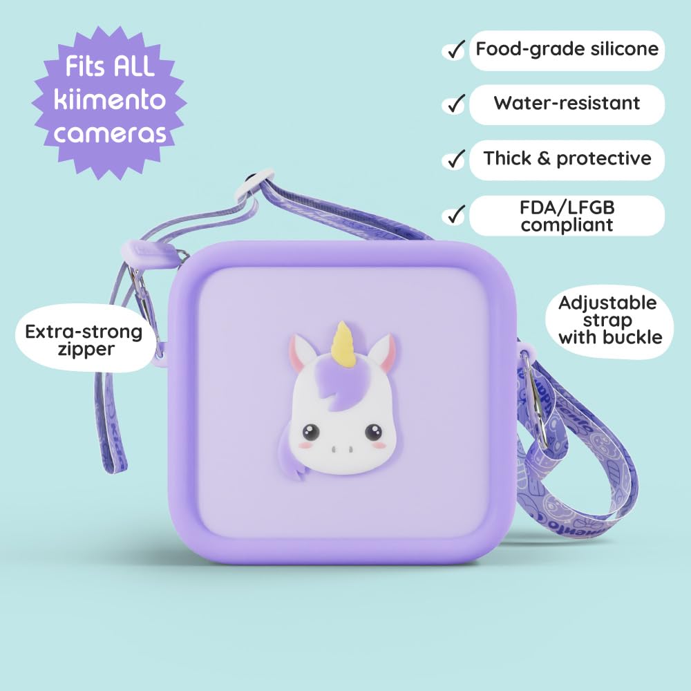 Kidamento kiimento Soft Silicone Camera Case - Durable and Adorably Stylish Bag - Promotes Comfort and Independence - Purple Unicorn