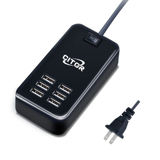 Multiport USB Charger, 6 Port USB Charging Station for Multiple Devices, Phone, Tablet, Power Strip with ON/Off Switch (Black)