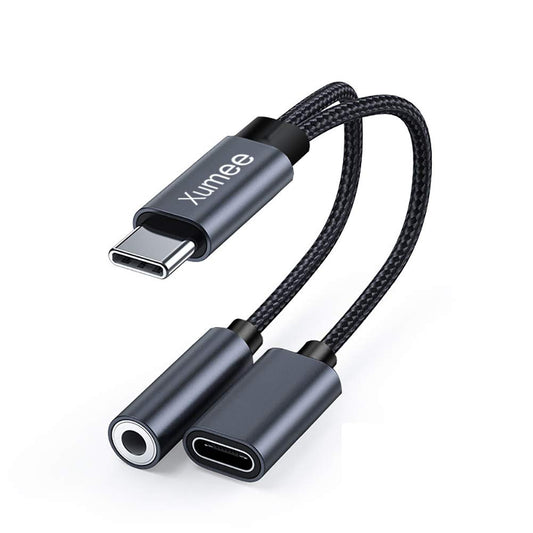 Xumee USB Type C to 3.5mm Headphone and Charger Adapter, 2-in-1 USB C to Aux Audio Jack Hi-Res DAC and Fast Charging Dongle Cable Compatible
