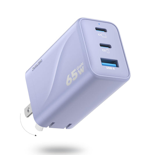 65W GaN USB C Wall Charger Block Purple 3-Port iPhone 17 16 15 Type C Charger Fast Charging Power Adapter Brick Cube for MacBook, ipad, Laptops