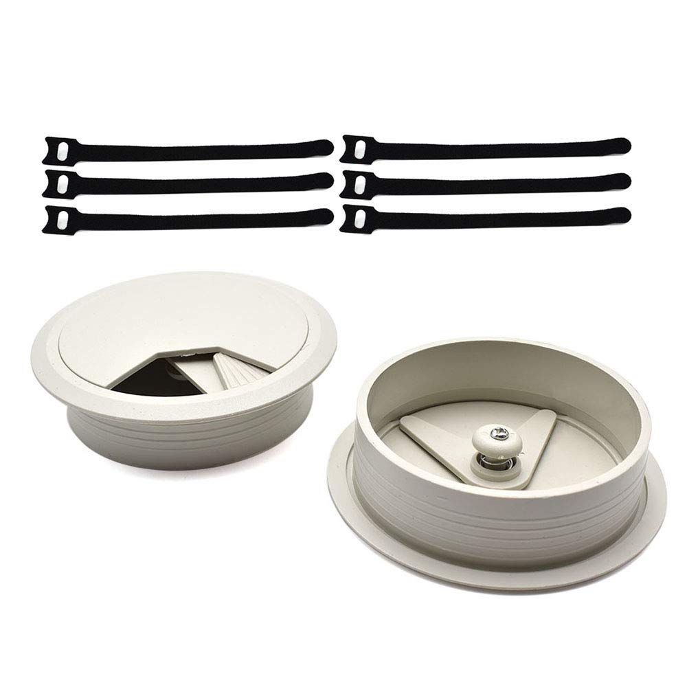 3-1/8 Inch (80mm) Grey Wire Grommets and Cable Ties Kit ABS Plastic Desk Hole Cover Cord Organizer for Computer Desks Cabinet (2pcs Desk Grommets +