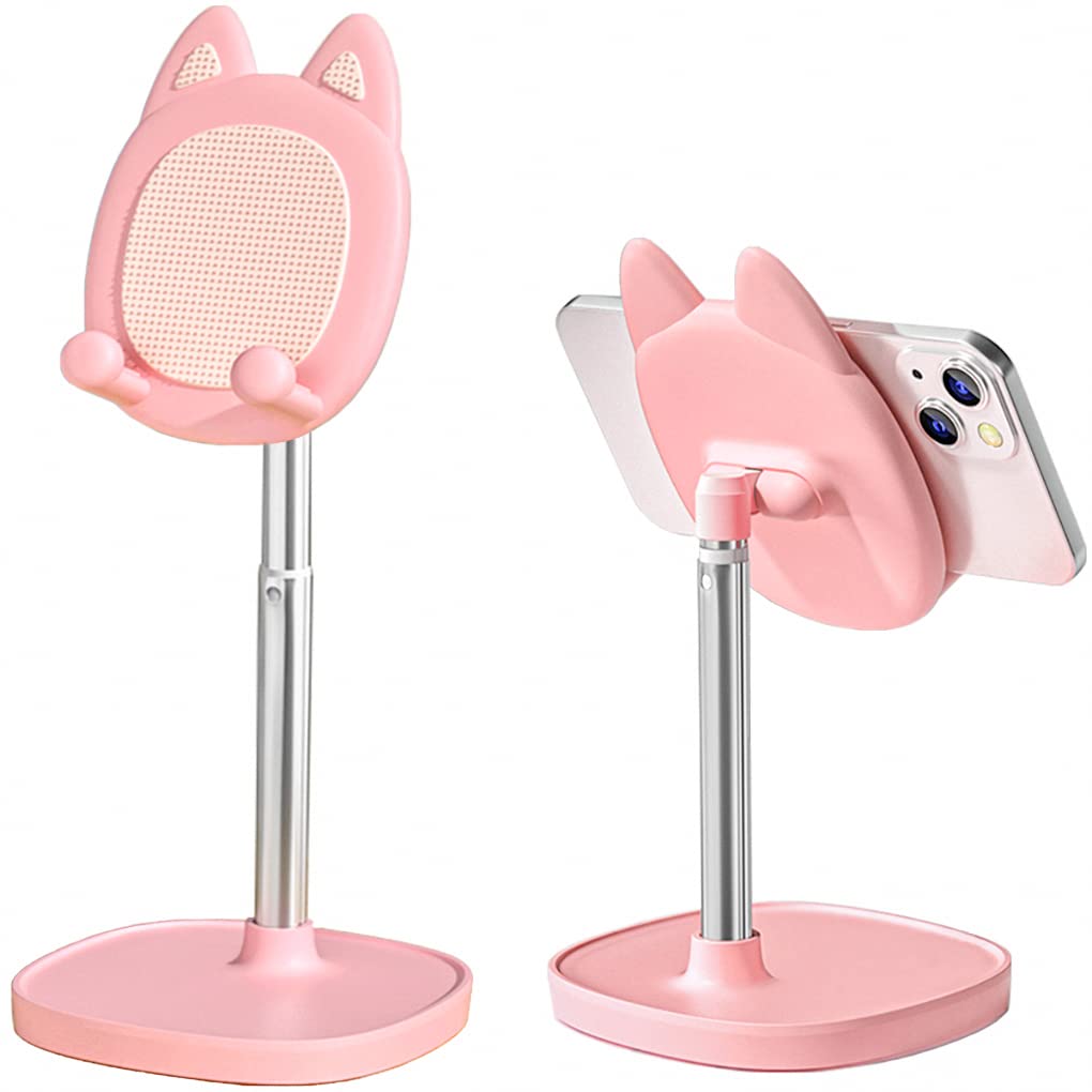 Hearsky Cute Cat Phone Stand, Cat Head Cell Phone Holder for Desk,Angle&Height Adjustable Compatible with All