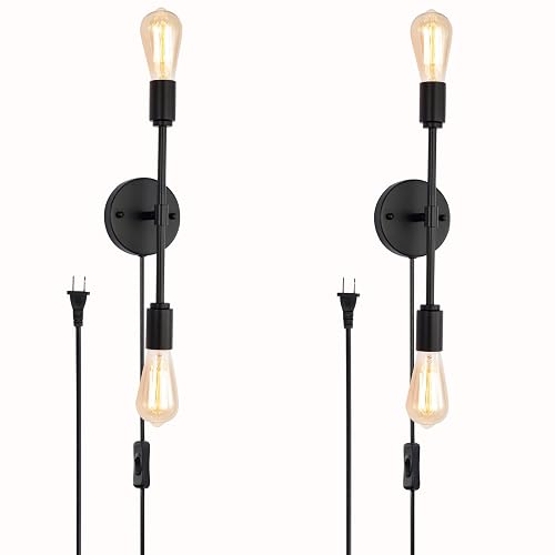 BANGANMA 2-Light Black Bathroom Vanity Light Fixtures?Modern Industrial Wall Light Fixtures with On/Off Switch Cord, Plug in Wall Sconce Set of Two