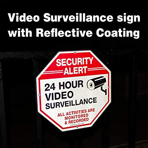 Video Surveillance Sign, 4 Pack 10 x 10 Rust Free .040 Aluminum Security Warning Reflective Metal Signs, Indoor or Outdoor Use for Home Business CCTV