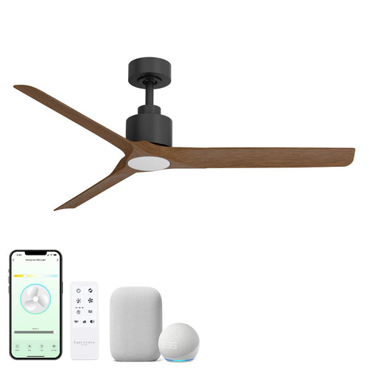 East Grove Home Delta Indoor or Outdoor 52in 3-Blade Smart Ceiling Fan 2700K-6000K CCT Tunable Range LED Light Kit with Black Hardware in Walnut