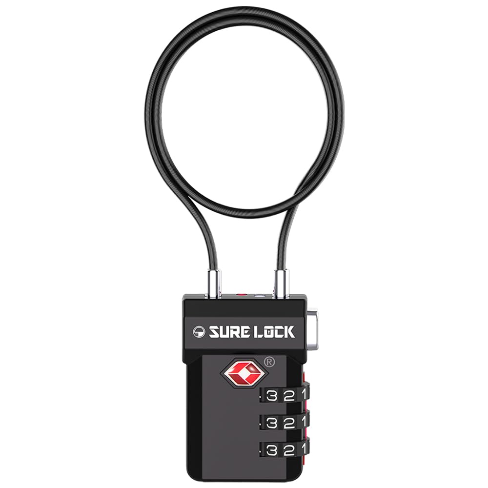 SURE LOCK TSA Approved Luggage Lock – 3-Digit Combination with Open Alert, Extra Long Cable, Easy-Read Dials for Suitcase & Travel