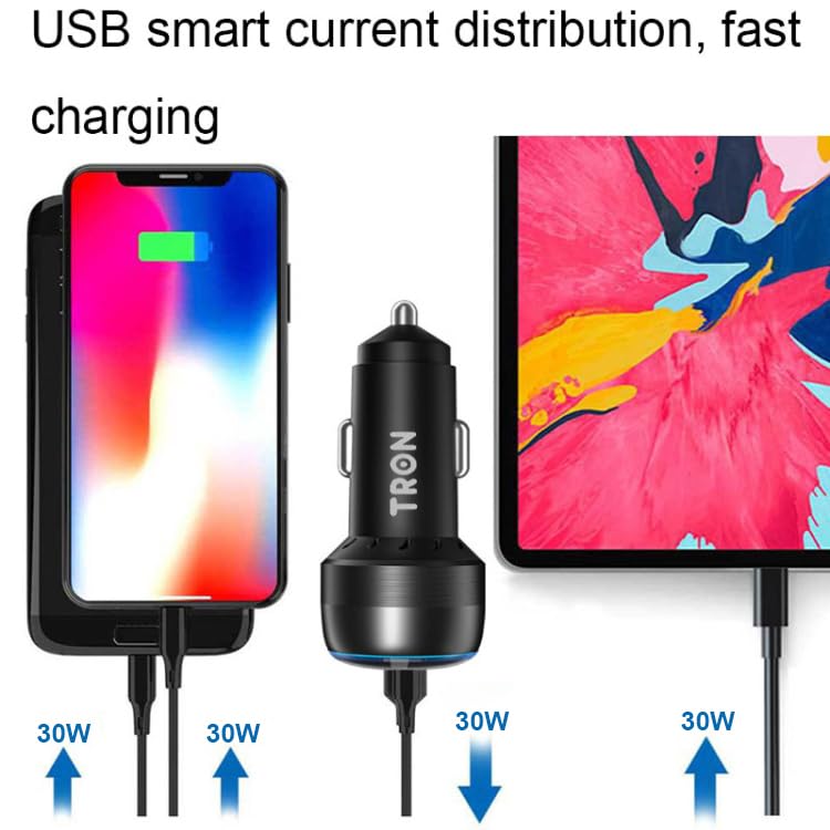 TRON 48W Car Charger, Dual Port Fast Charging, Overheat HeatProtection, QC3.0 18W & PD 3.0 30W, DC 12-24V Input, PC Fireproof Aluminum Alloy