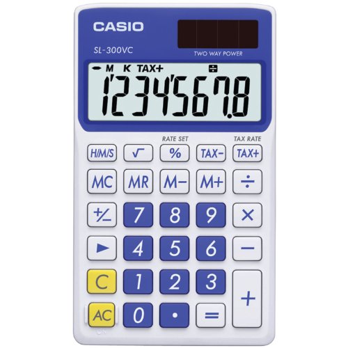Casio SL-300VC, Solar Powered Standard Function Calculator, Blue