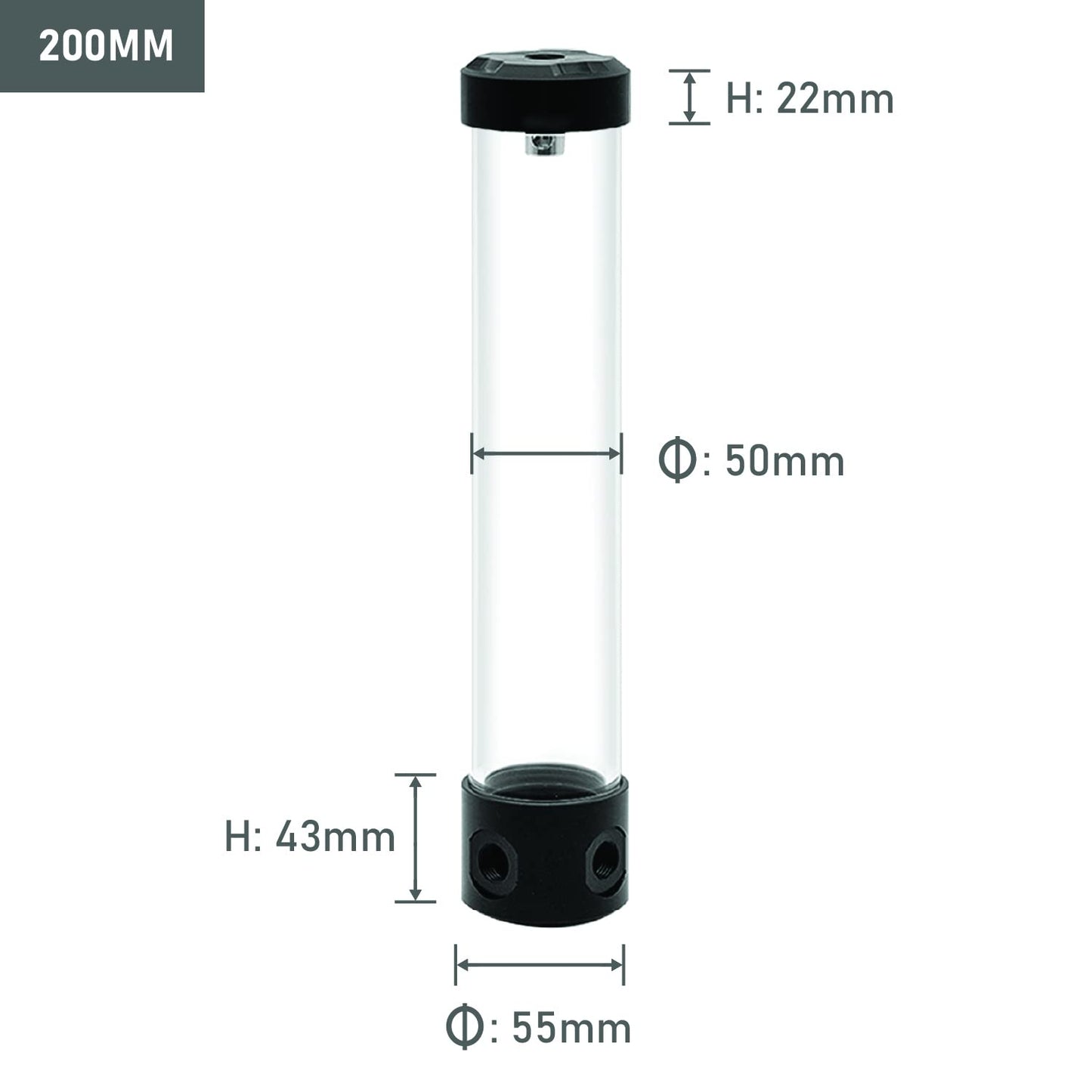 dracaena.io 200mm G1/4" Multi-Port PMMA Acrylic Water Cooling Reservoir, 55mm OD Cylinder Liquid Cooling Tank with Metal Covers for Custom PC Water