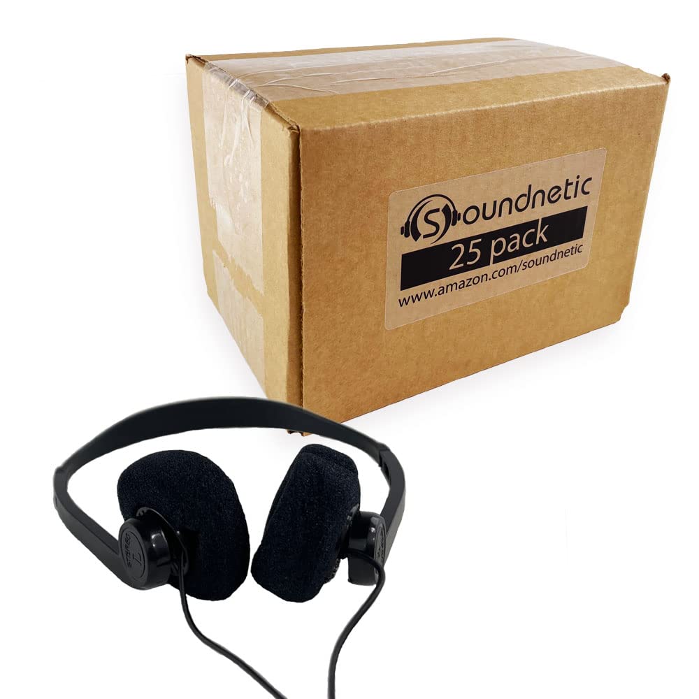 Soundnetic SN06 Bulk Headphones 25 Pack - Disposable Stereo Limited Use Headphones, Black - Affordable for Schools, Testing, Libraries