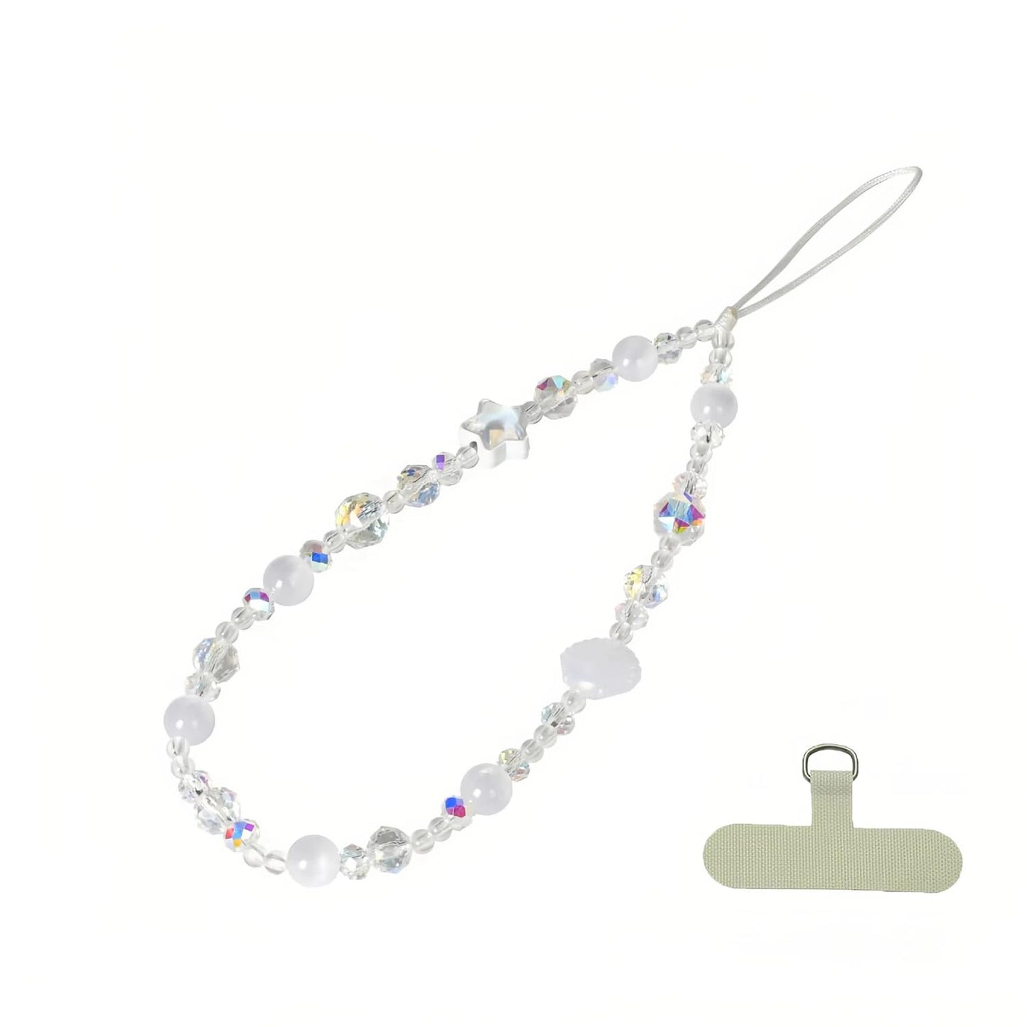 NUANJUYU Cute Sparkling Star & Cat's Eye Phone Lanyard, Beaded Crystal Charm Strap for Phone Keys Purse - Gift for Women Girls?White ?