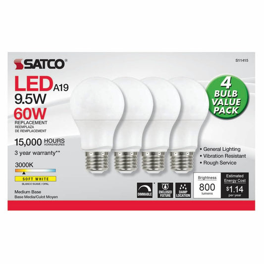 Satco 4.17 Inch 9.5W A19 LED Medium Base Replacement Lamp (Pack of 4)-3000 Color Temperature-Frosted Finish