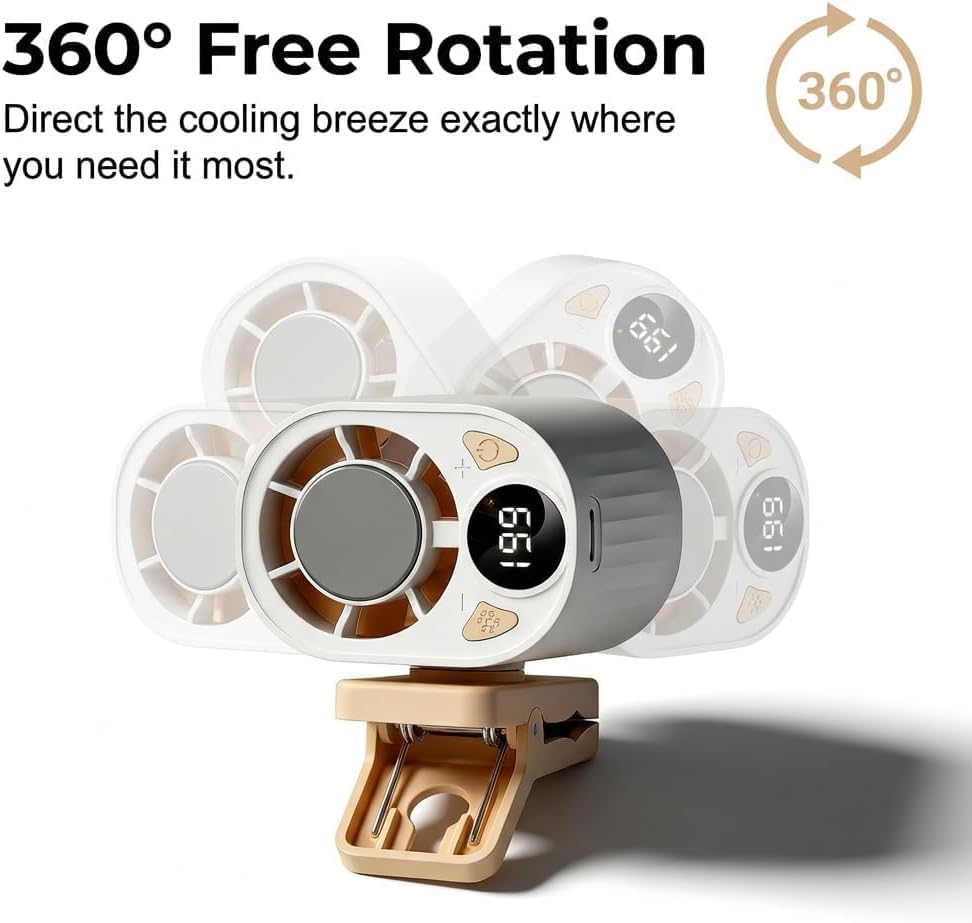 ZSJO Upgraded Car Clip-On Cooling Fan,Hands-Free Personal Cooling Fan with LED Display,Portable Clip Fan with 360° Rotation for Car Visor, Roof