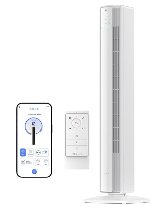Della 42" Smart Tower Fan, Ultra Quiet 23dB Cooling Fan with 12 Speeds, 90° Oscillating, 28ft/s Airflow, DC Motor, 24H Timer, Voice/App/Remote Control