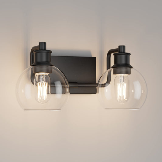 Tipace 2 Lights Industrial Bathroom Vanity Light Fixtures Over Mirror Black Vintage Vanity Lights with Globe Clear Glass Farmhouse Wall Sconces
