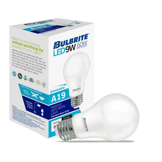 Bulbrite 774238, 9 Watt Omni Directional LED Light Bulb, Frost Finish, A19 60 Watt Equivalent, Premium Dimmable, 2700K E26 Base 120V (6)