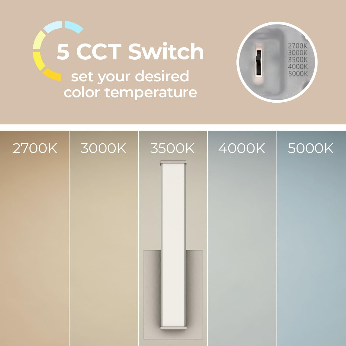 East Grove Home Edge Advantage 18in LED Bathroom Vanity and Wall Light 18W 1,500 Lumens 5-CCT Selectable 2700-3000-3500-4000-5000K in Brushed Nickel