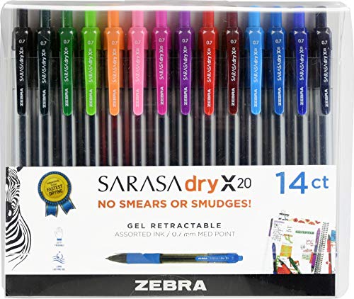 Zebra Pen SARASA X20 Retractable Gel Pen, Assorted Ink, 0.7mm, 14-Pack