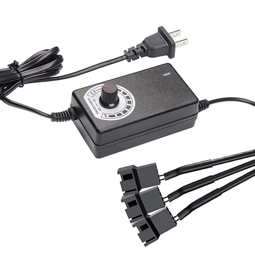 Delinx Triple 3-Pin and 4-Pin PC Fan Power Adapter, 12V Fan Speed Controller,100-240vAC to 3-12vDC Adjustable Power Supply