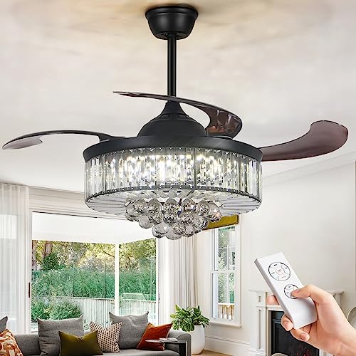 A Million 42" Crystal Ceiling Fan with Lights, Black Ceiling Fan Chandelier with Remote Control 3 Color Light and 3 Speed Change Retractable Blade