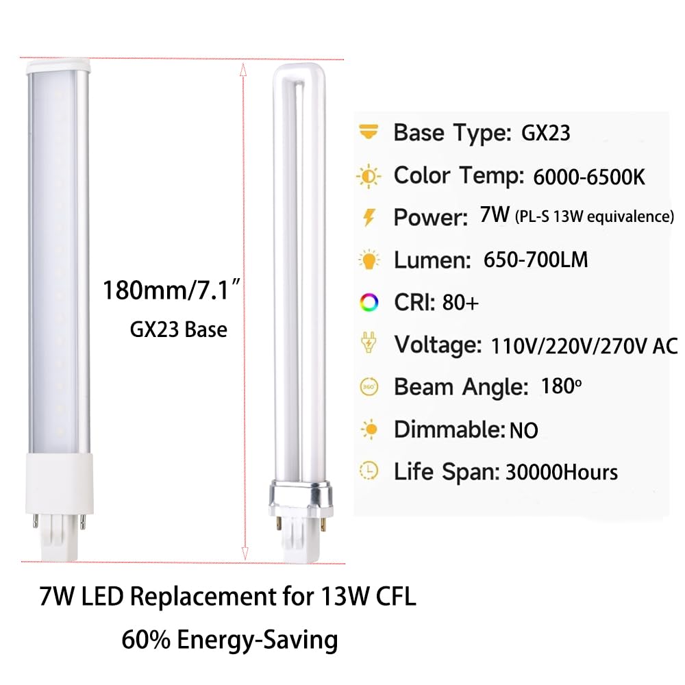E-Simpo 5pcs 7W 2 Pin GX23 LED Horizontal PL Light Bulb 700LM 13W CFL Equivalent PLS-13W Replacement LED Plug & Play Lamp (Daylight White)