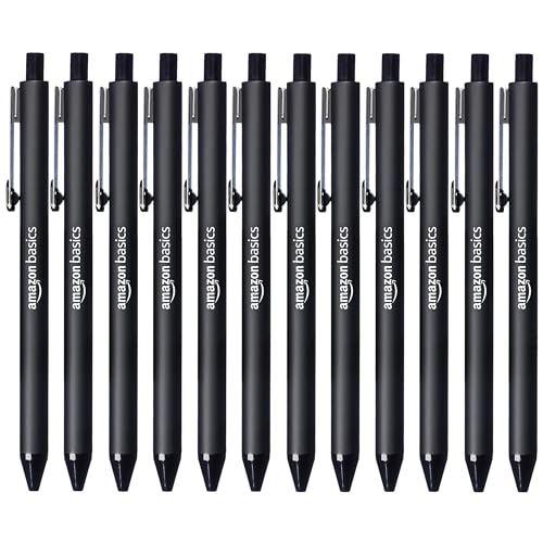 Amazon Basics Retractable Ballpoint Pens with Comfortable Grip for Smooth Writing, Black, Note-Taking, Office and School Supplies, 12-Pack