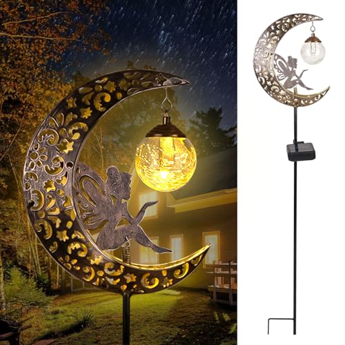 Solar Garden Lights Outdoor Decor,Moon Fairy Crackle Glass Lights,Waterproof Warm White LED Metal Stake Ornament,for Walkway Backyard Patio Lawn