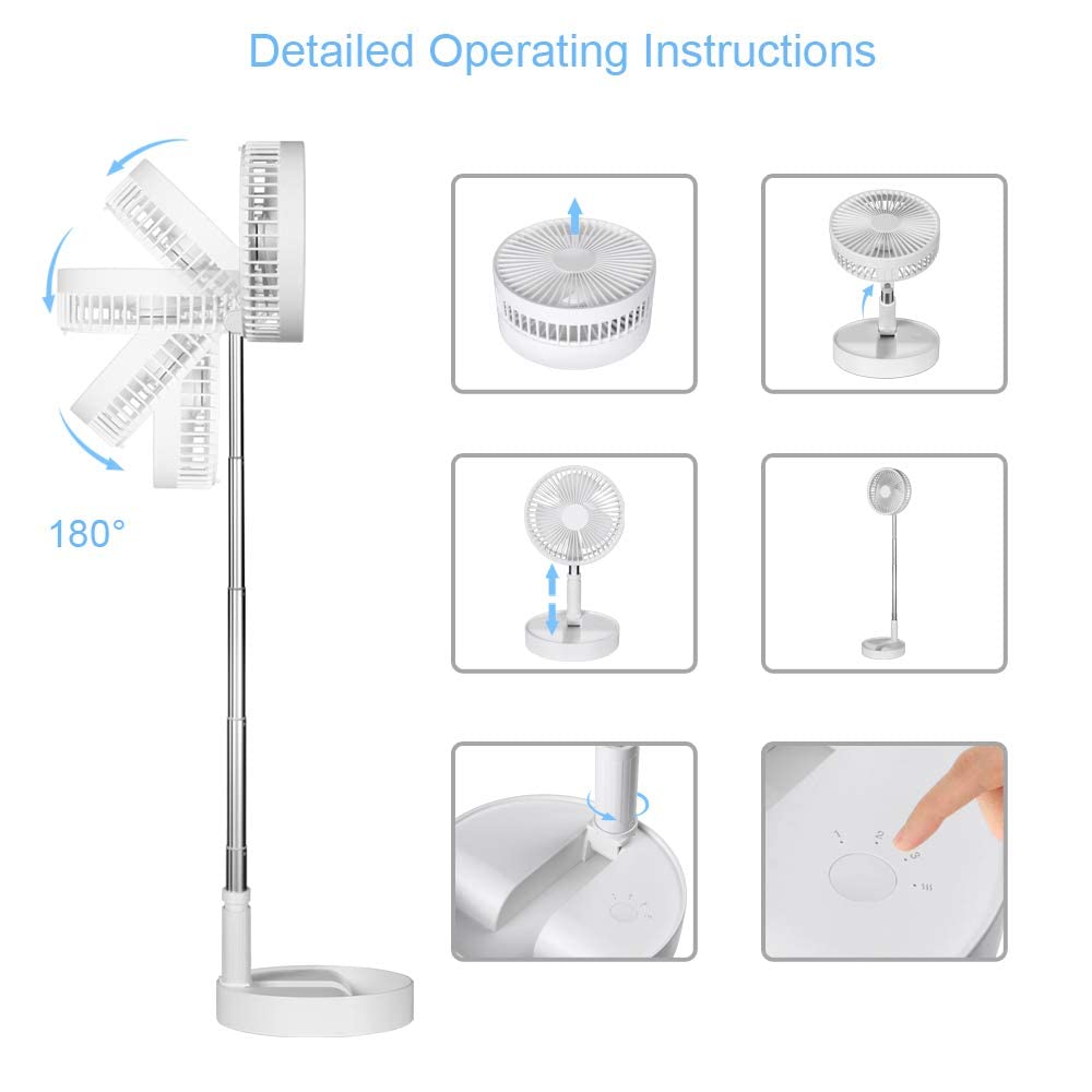 QUALORI Pedestal Fan Foldaway, Portable, Rechargeable, Desk or Floor suitable for Home Kitchen Camping (White) (No remote control)