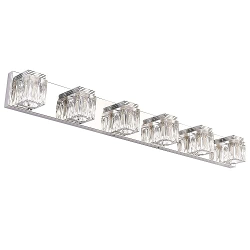 Ralbay LED Modern Bathroom Vanity Lights 6 Lights Crystal Glass Stainless Steel Bathroom Vanity Lights Fixtures Over Mirror LED Modern Crystal Glass