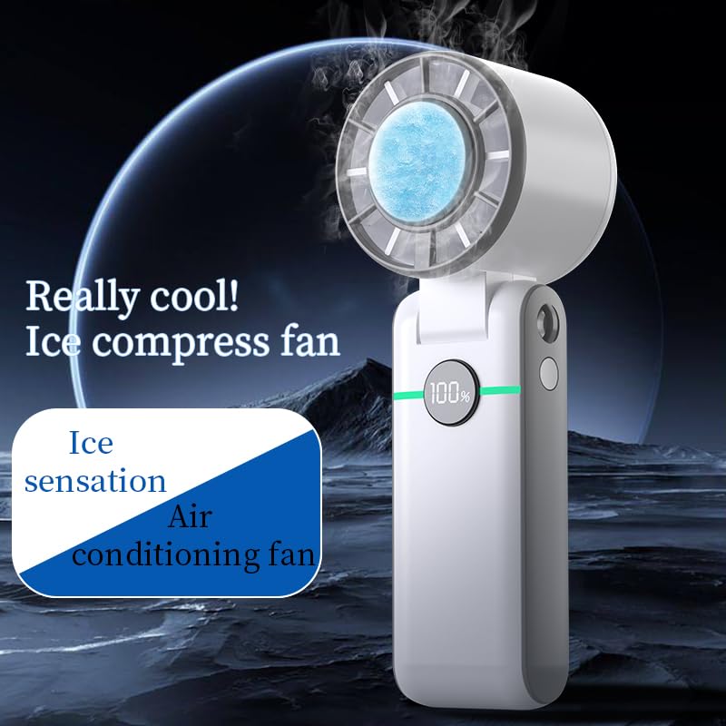 VONBLAY Handheld Portable Fan, Ice Cooling Fan, High Speed, Rechargeable, 5000mAh, 18H Max, LED Display, 5-Speed, 90° Foldable, 3-IN-1 Portable