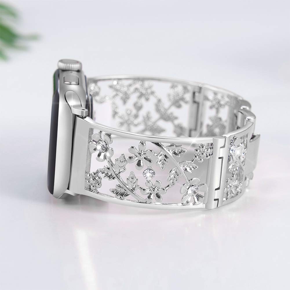 Duoan Floral Band Compatible with Apple Watch Jewelry Band 38mm 40mm 41mm 42mm iWatch Bands Series 11 10 9 8 7,Bling Crystal Bracelet Hollow Metal