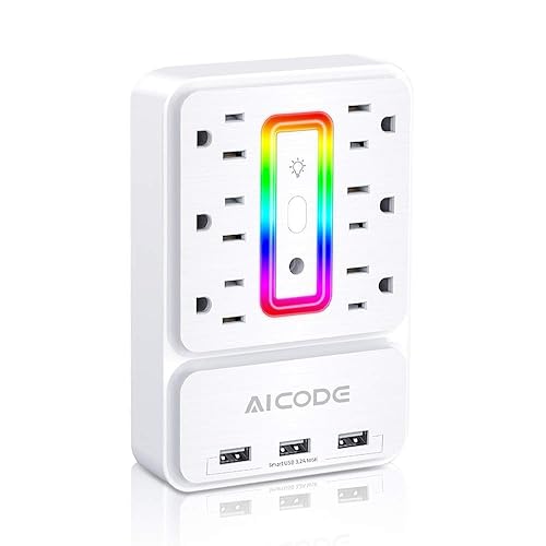 Multi Plug Outlet Extender,AICODE 6 Outlet Surge Outlet Protector with 3 USB Charger(3.2A Total),Wall Outlet Plug Electrical Outlet with 6 Ambient RGB
