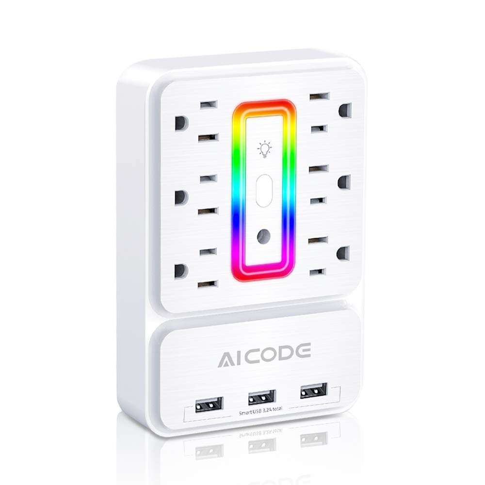 Multi Plug Outlet Extender,AICODE 6 Outlet Surge Outlet Protector with 3 USB Charger(3.2A Total),Wall Outlet Plug Electrical Outlet with 6 Ambient RGB
