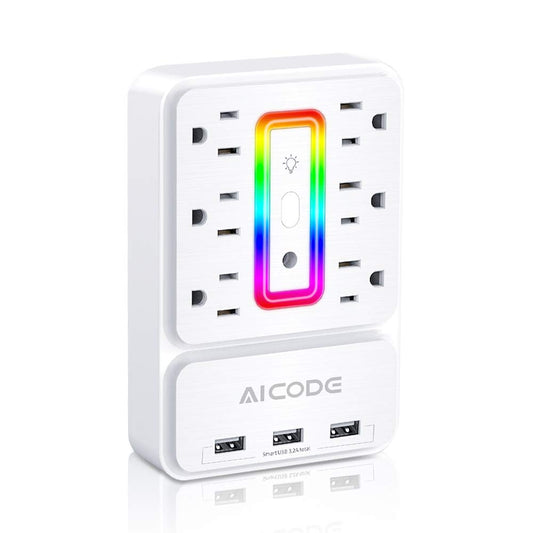 Multi Plug Outlet Extender,AICODE 6 Outlet Surge Outlet Protector with 3 USB Charger(3.2A Total),Wall Outlet Plug Electrical Outlet with 6 Ambient RGB