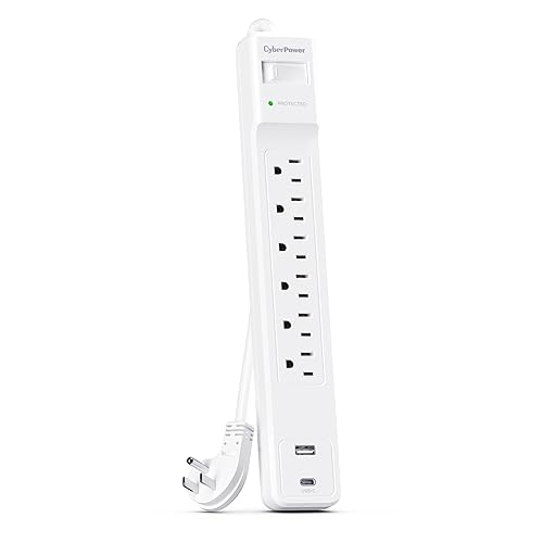 CyberPower CSP604UCW Surge Protector, 1500J, 6 Outlets, 1 USB-A, 1 USB-C, 4 Foot Power Cord, White, ETL