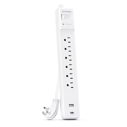CyberPower CSP604UCW Surge Protector, 1500J, 6 Outlets, 1 USB-A, 1 USB-C, 4 Foot Power Cord, White, ETL