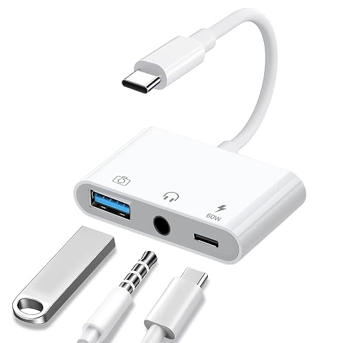 MTIQHS Aux to USB C to USB Adapter, 3-in-1 USB OTG Adapter with USB C to 3.5mm Audio Adapter and 60W PD Fast Charging Port, Compatible