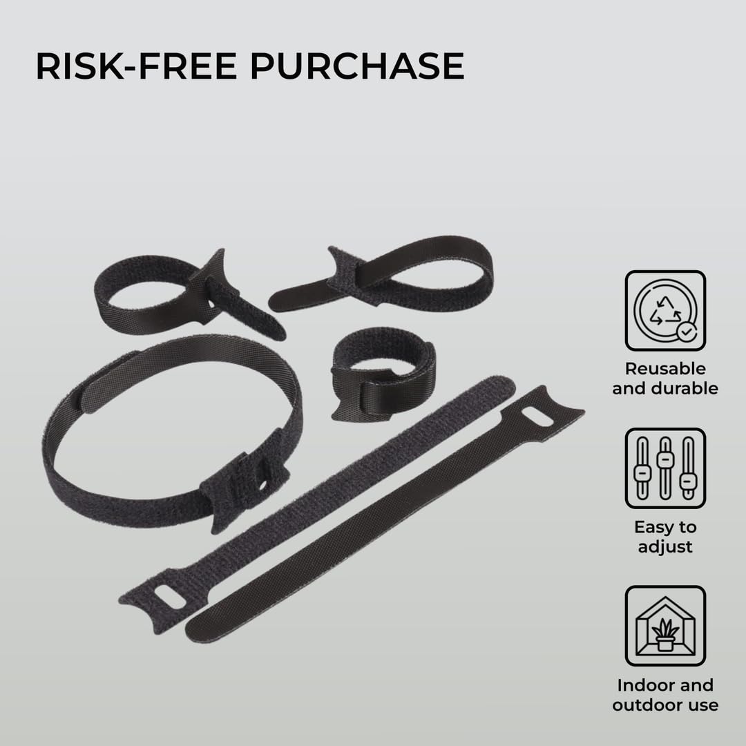 H&S Nylon Reusable Cable Ties for Cord Management - 50pcs - Adjustable Nylon Hook and Loop Straps - Strong Black Wire Organizer