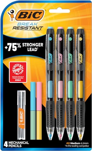 BIC Break Resistant Mechanical Pencils with Erasers, No. 2 Medium Point (0.7mm), 4-Count Pack Pencils for School or Office Supplies, Lead and Eraser