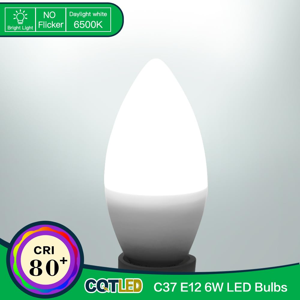 CQTLED E12 LED Candelabra Light Bulbs,60 Watt Equivalent,600LM,6W Daylight White 6500K,Type B Shape Light Bulb,Non-Dimmable B11 & C37 Small Base led