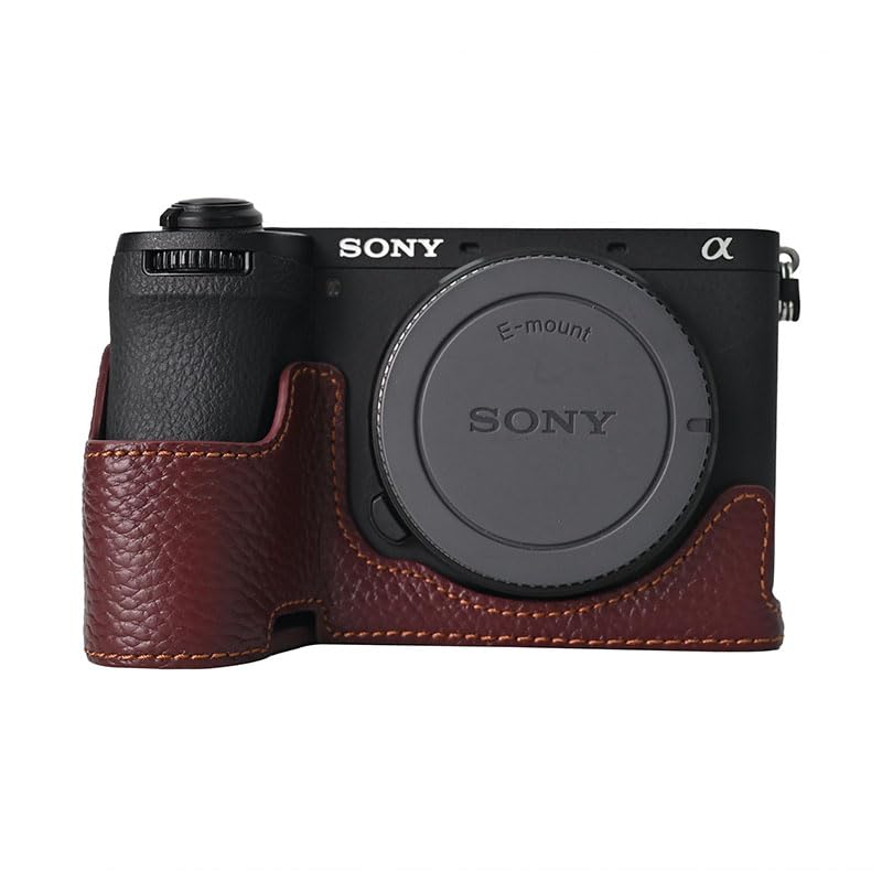 BMAOLLONGB A6700 Case, Handmade Litchi Genuine Real Leather Half Camera Case Bag Cover for Sony Alpha A6700 Bottom Opening Version + Neck Strap