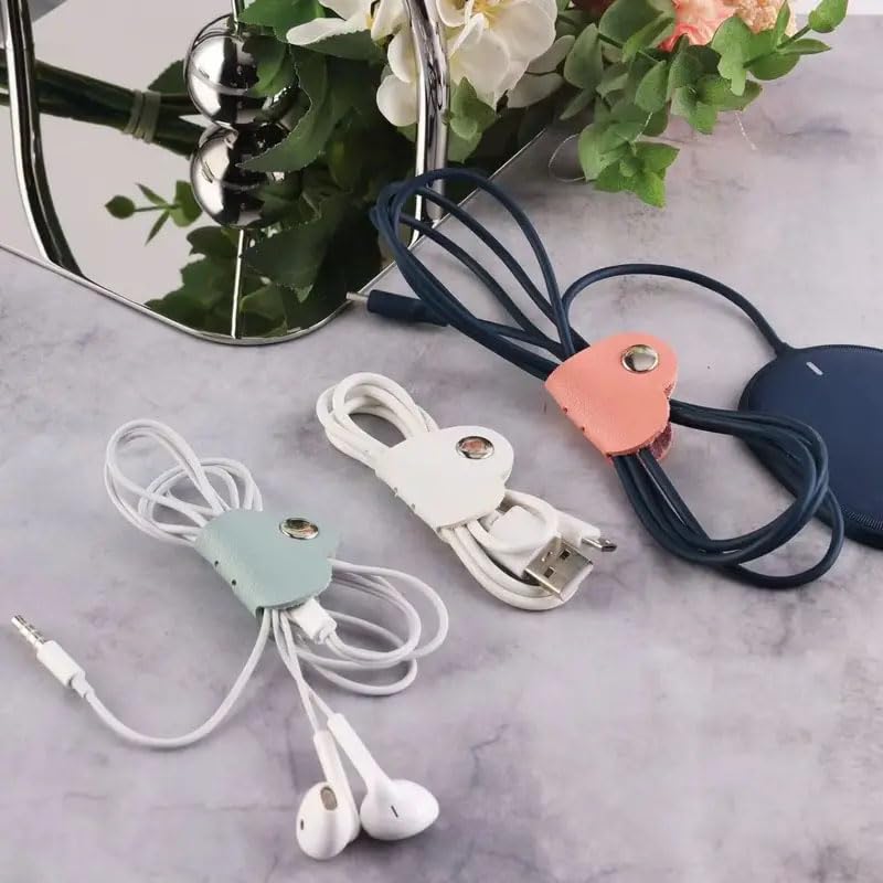 Ximimark 9pc Chic Heart-Shaped Faux Leather Cable Organizer Set, 3/6pcs - Versatile Earbud & Cord Winder for Headphones, Charging Cables