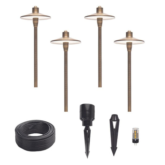 Lumen Logic G2 12V Brass Mini Path Light (15" Tall) with 3W 2700K Warm White G4 LED Bulb for Low Voltage Landscape Lighting on Outdoor Pathway