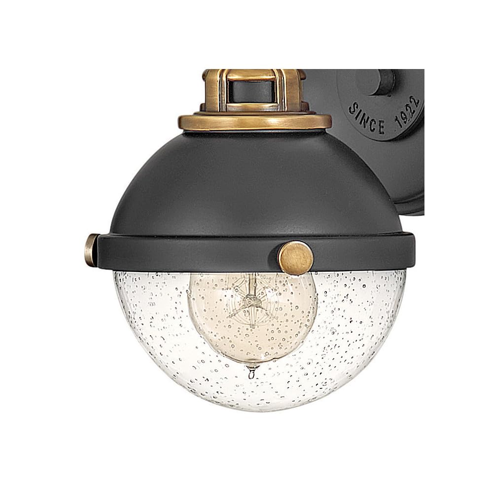 Hinkley Fletcher 5170BK Single Light Vanity Wall Sconce, Vintage Industrial Fixture, Clear Seedy Glass, Bath and Beyond, Black and Heritage Brass